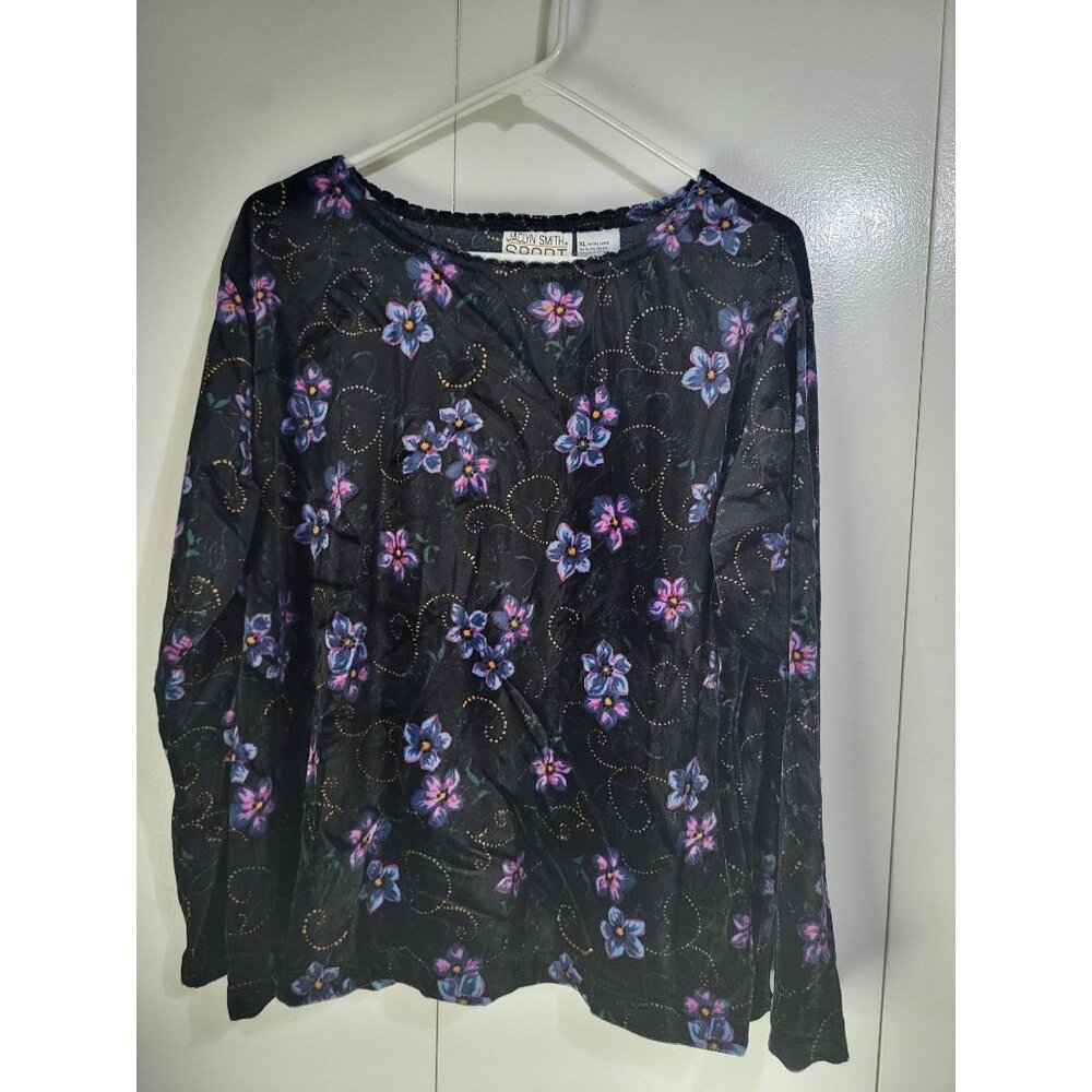 VTG Jaclyn Smith Sport Velvet Floral Whimsygoth Fairy Long Sleeve Top SZ XL